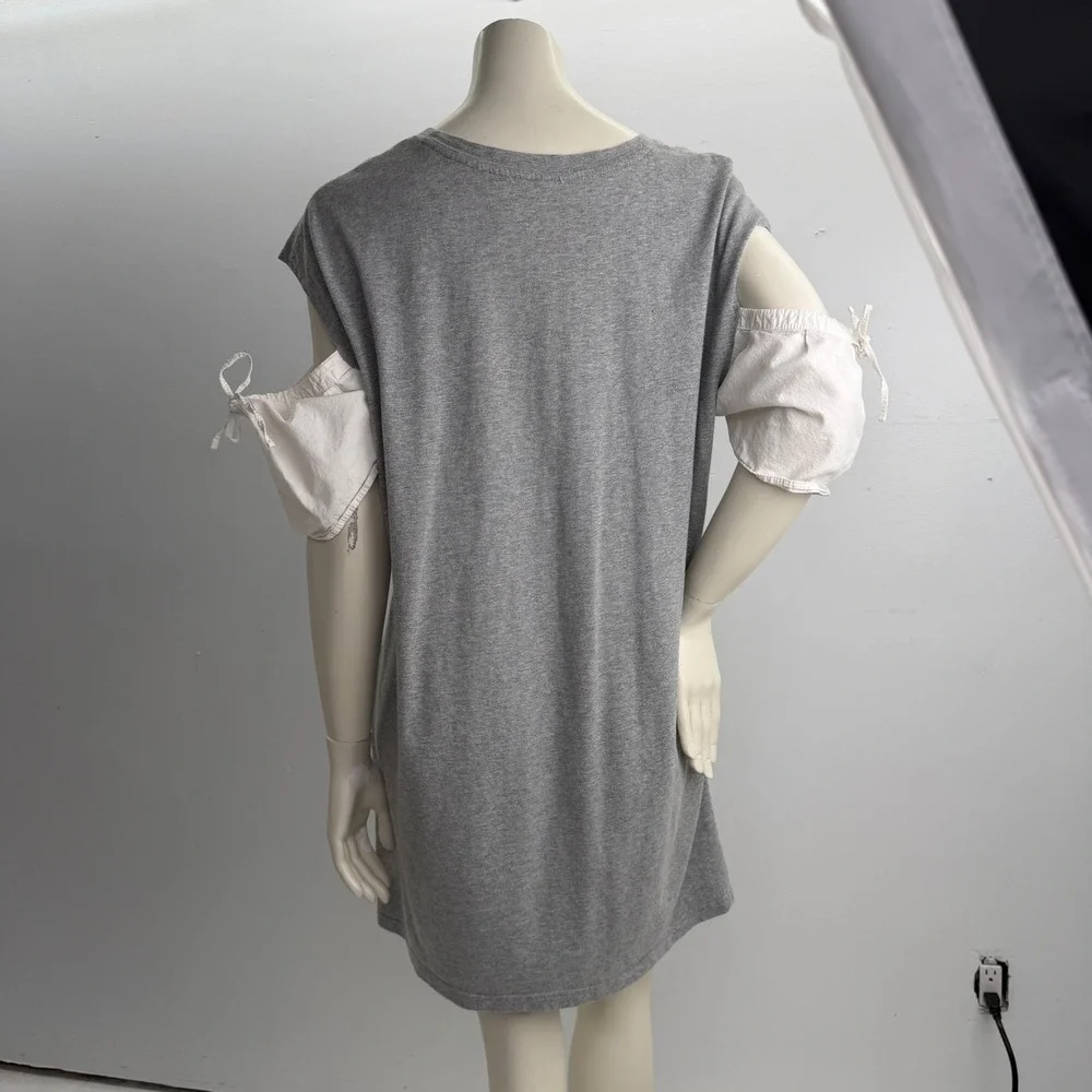 RD Style Graphic T-Shirt Dress Gray Cotton Puff Sleeve Pop Art Cold Shoulder L - Picture 3 of 10